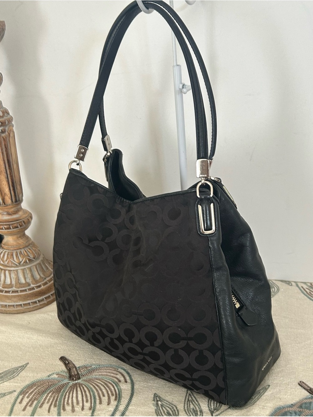 Coach Madison Op Art Black Signature C Jacquard Leather Trim Shoulder Hobo Tote - Picture 5 of 13